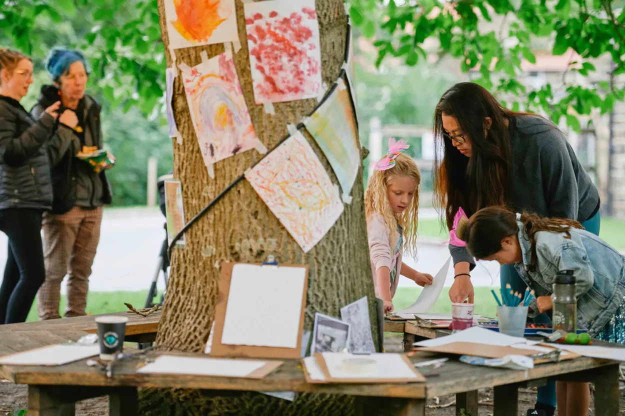 Families take part in The Big Draw launch event outside Airedale barn at East Riddlesden Hall, Keighley, West Yorkshire. The event was part of Bradford 2025 UK City of Culture.