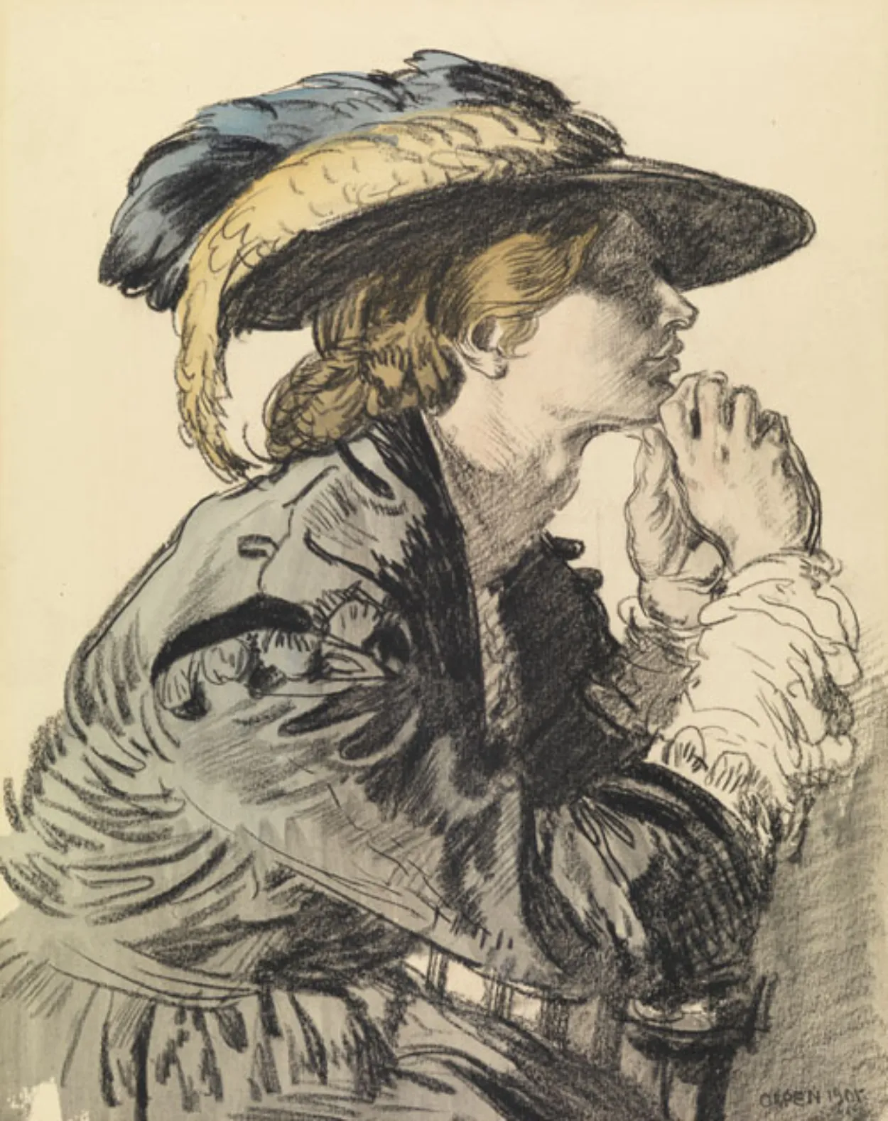 35.584

DRAWINGS
drawing
Portrait of a Lady
Orpen, Sir William Newenham Montague (1878 - 1931, British / Irish)
1901
chalk with tinted washes on paper
overall: 330 mm x 260 mm

Half length figure in profile, with coiffure and costume of mid-Victorian period. Signed 'Orpen, 1905'.