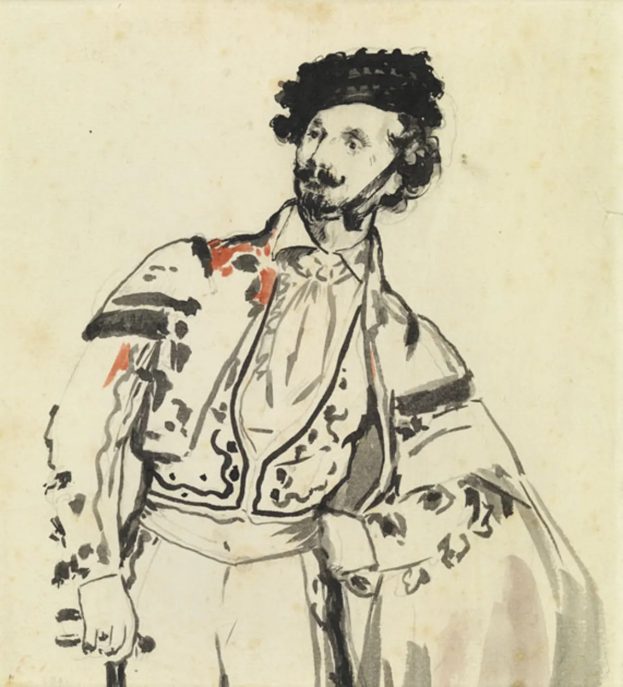 35.313

DRAWINGS
drawing
The Spanish Dancer, Don Mariano Camprubi
Manet, Edouard (1832 - 1883, French)
circa 1862
pencil and wash on paper
French
overall: 165 mm x 152 mm

Three-quarter length portrait of a man dressed in sash, waistcoat, short bolero jacket and long cape. He wears a dark hat with chinstrap. A moustache and a short beard adorn his rather thin face.