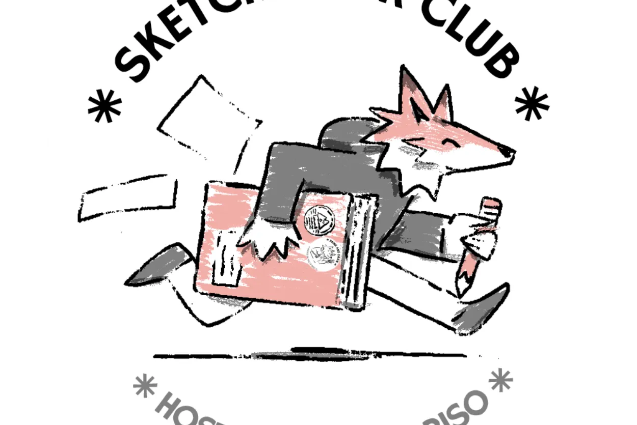 Fox running to Sketchbook Club with sketchbook and art materials in hand