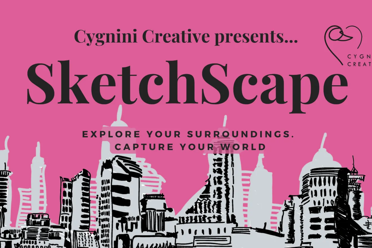 The words SketchScape on a deep pink background with a balack and white line drawing of a city horizon.