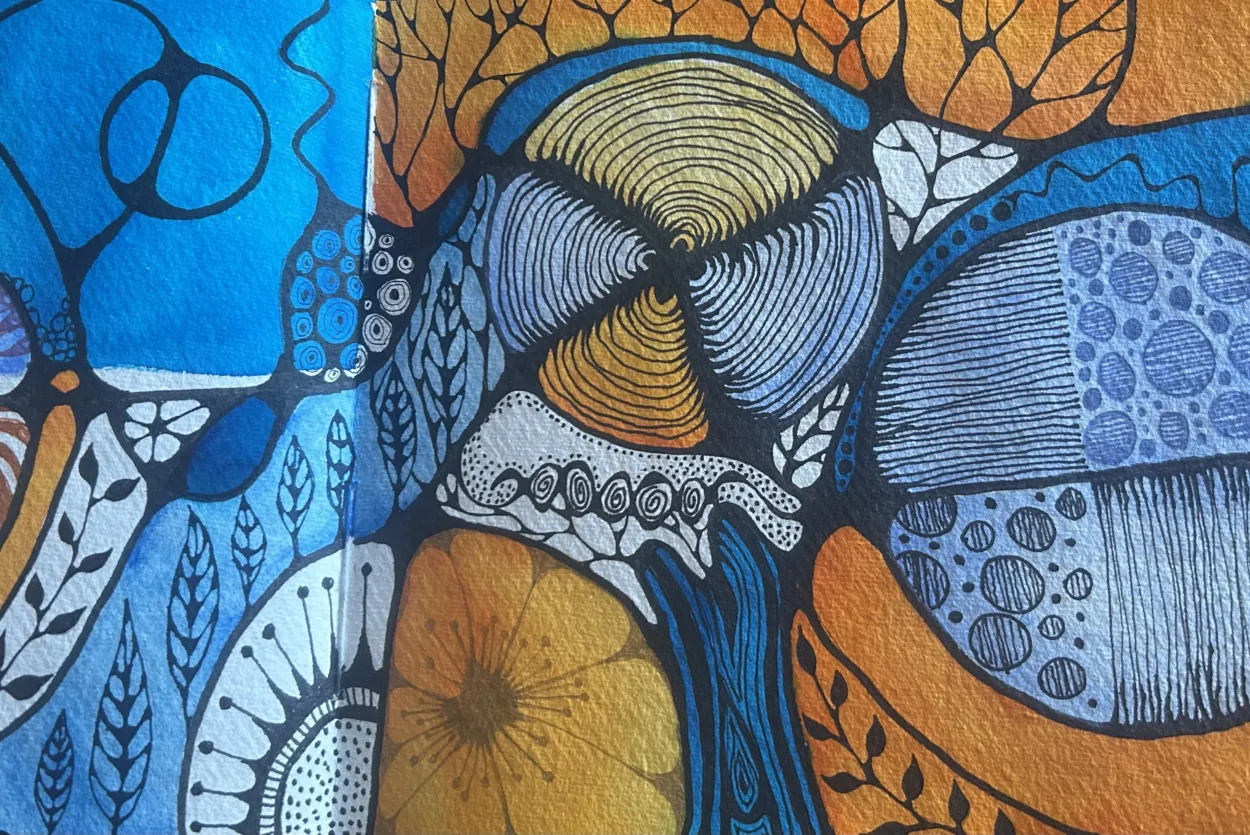 an abstract image drawn with orange and blue ink with swirlling lines of black ink