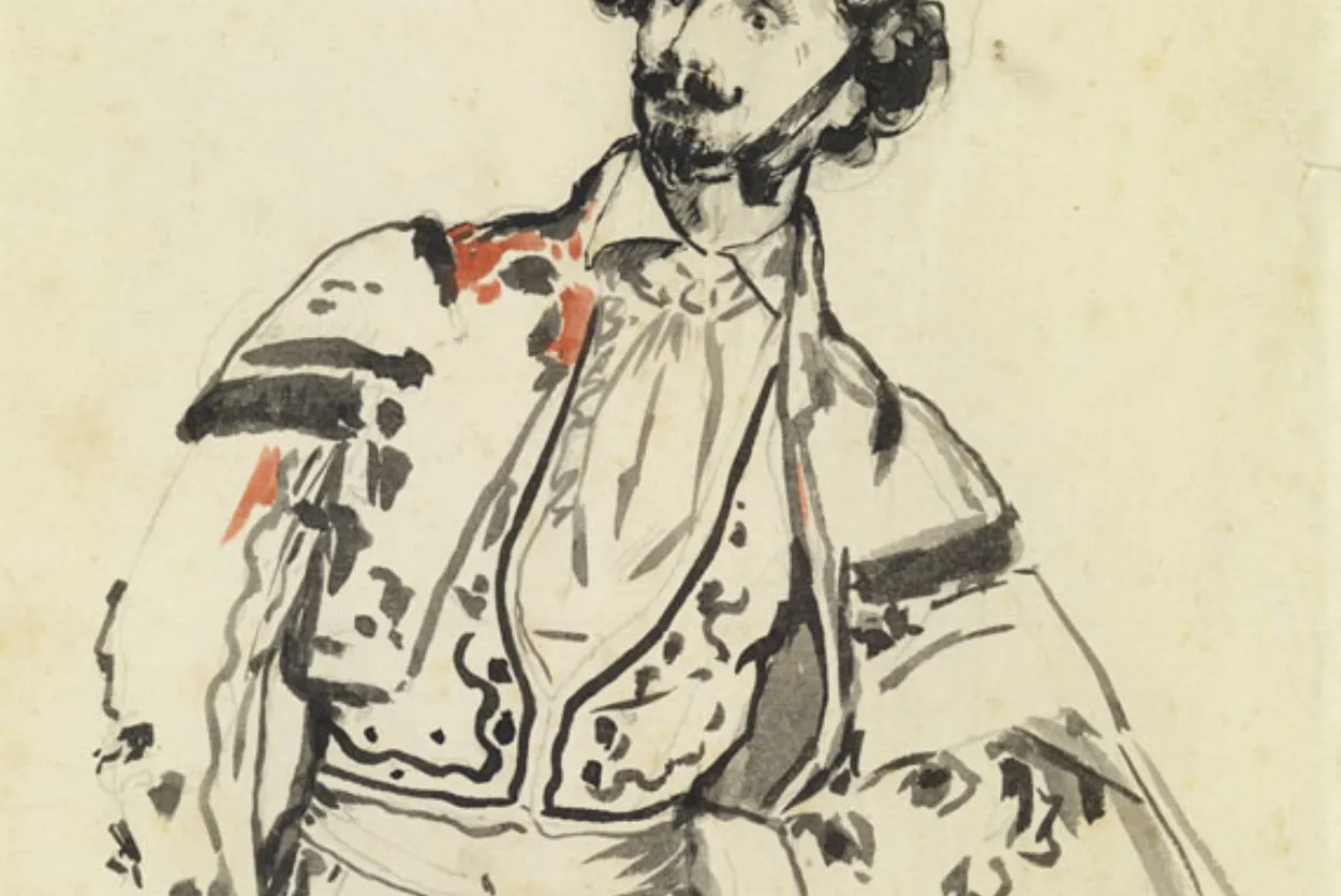 Drawing of man in traditional Spanish dance dress, red, white and black ink