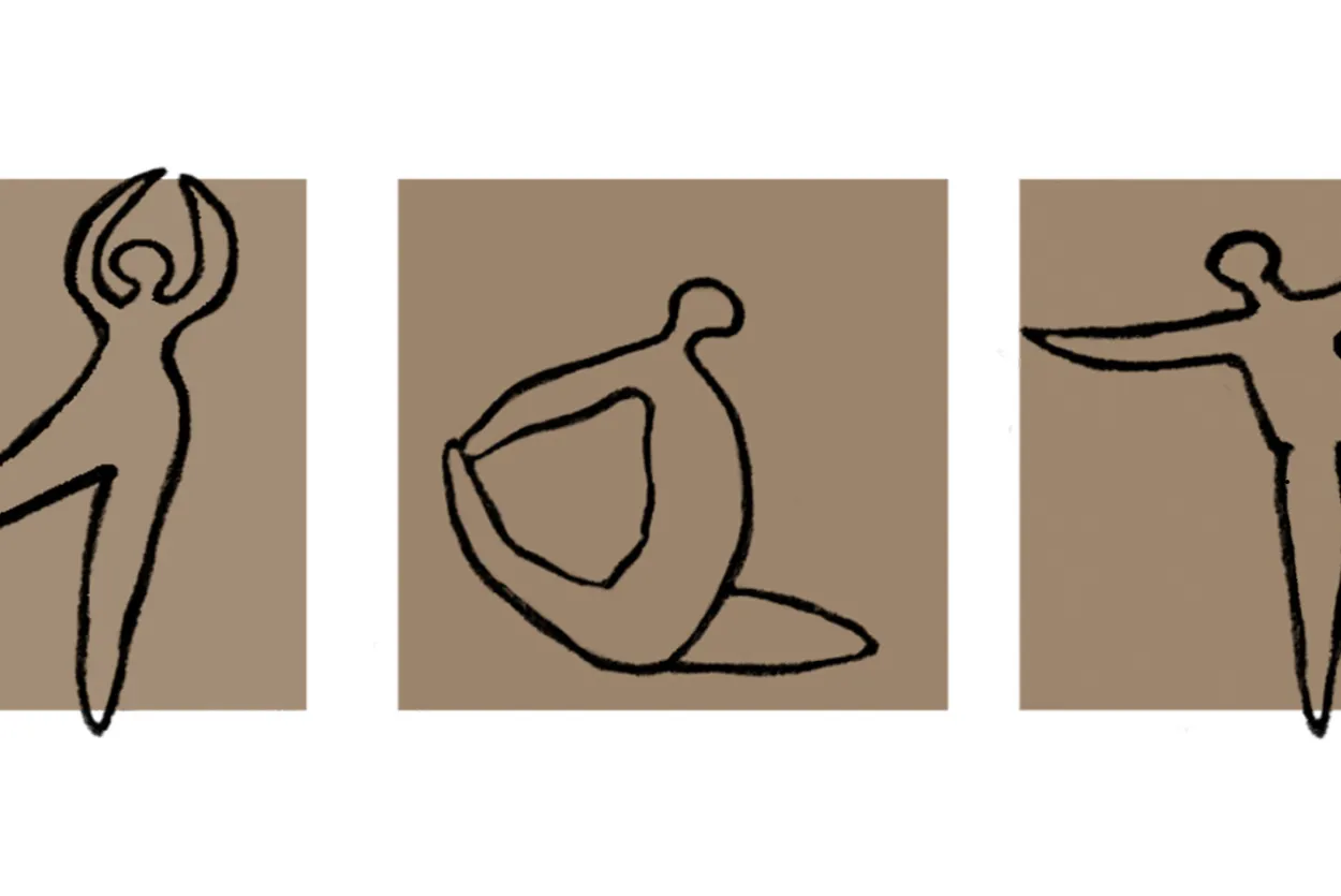 Black line drawings of 3 figures stretching against a brown and white background.