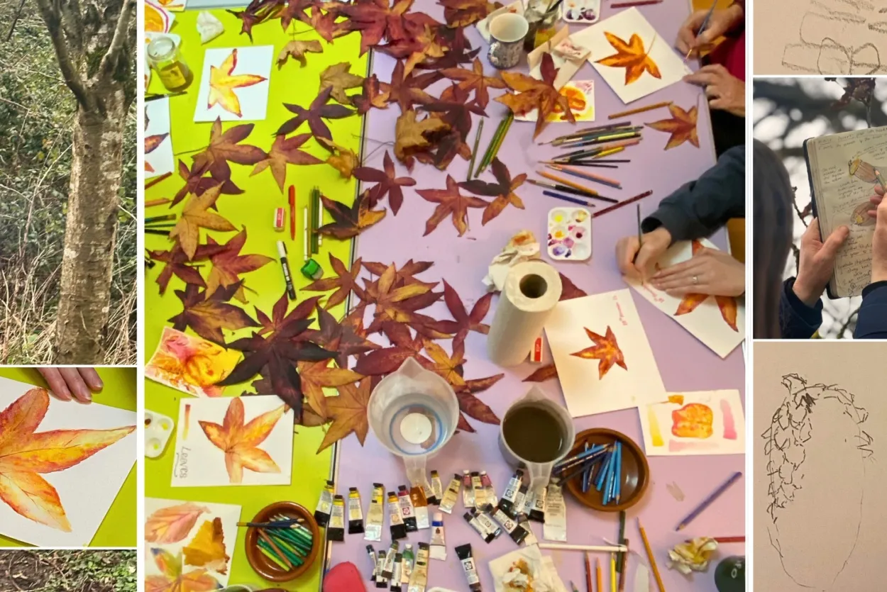 woodland sketching and leaf paintings with art materials
