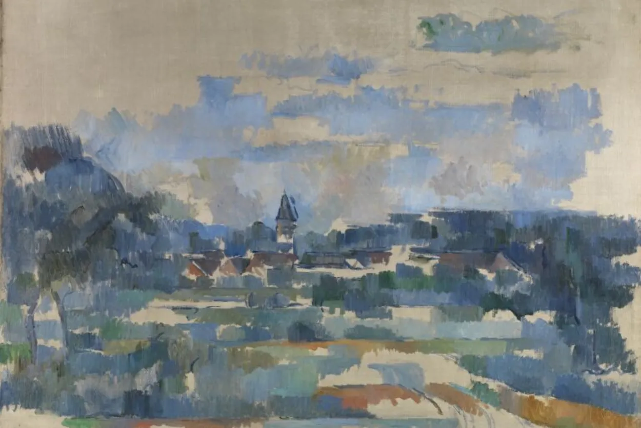 Image of a landscape painting by Paul Cezanne, featuring a church spire, rooftops and trees. Blue colour scheme
