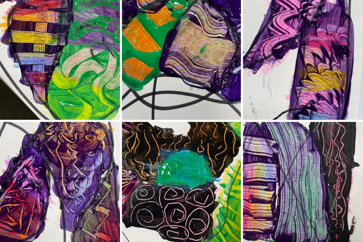 Event image shows Chobham Academy Y3 students' colourful sgraffito mark-making.