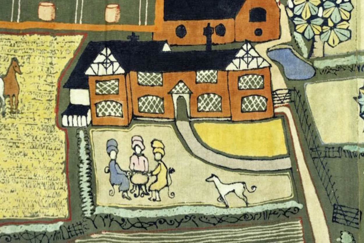 Ladies sipping tea, part of the Cheshire wall hanging at The MERL