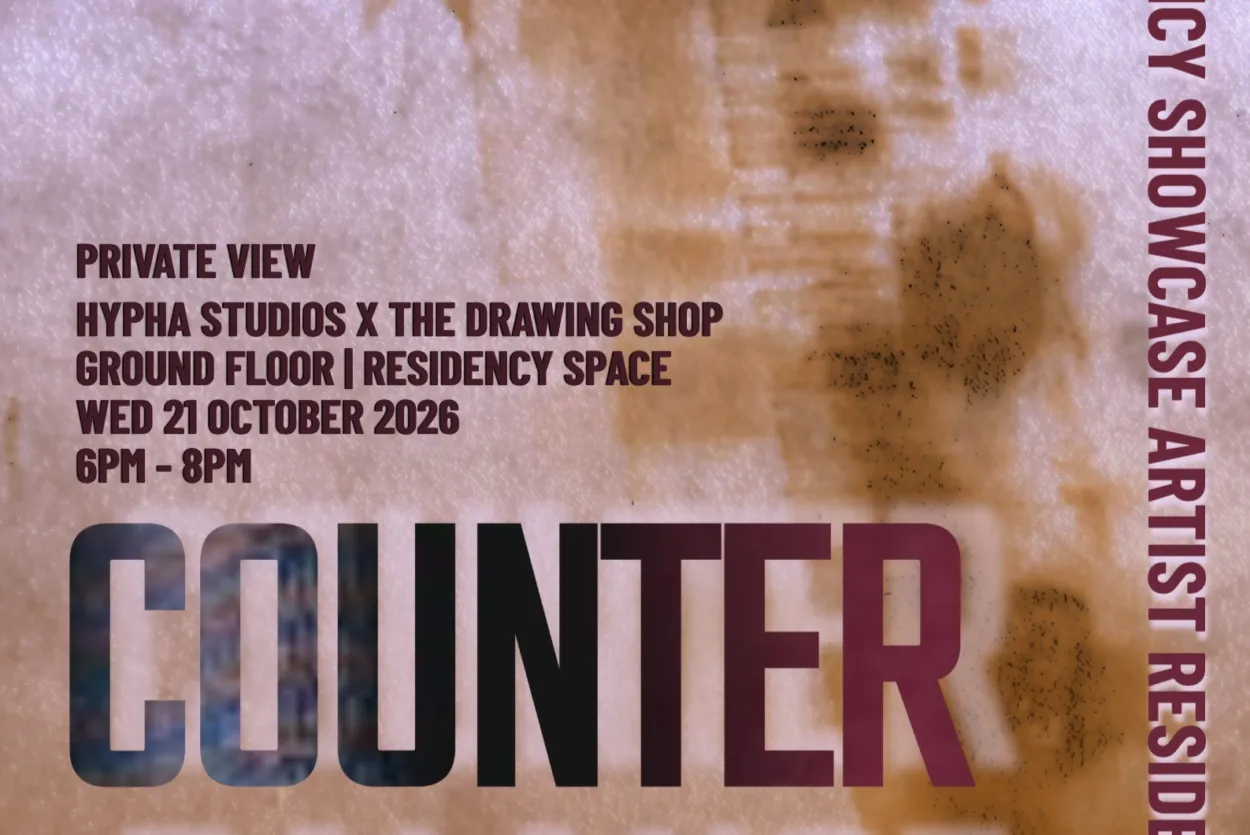 Promotional poster for the “Counter Balance” artist residency showcase, with bold lettering over a textured mauve-and-rust background; announces a private view at The Drawing Shop..