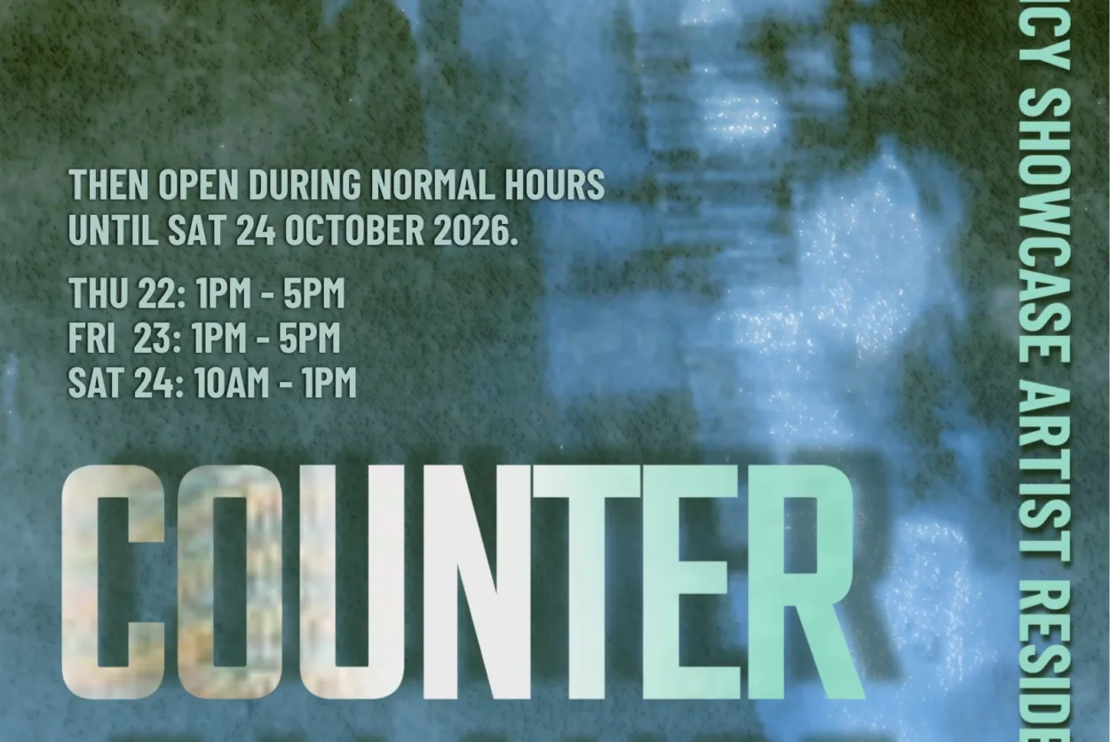 Artist residency showcase poster for the Drawing Shop and Hypha Studios. “Counter Balance” appears in bold lettering over a moody blue-green, watery abstract background, with opening hours and artist names.