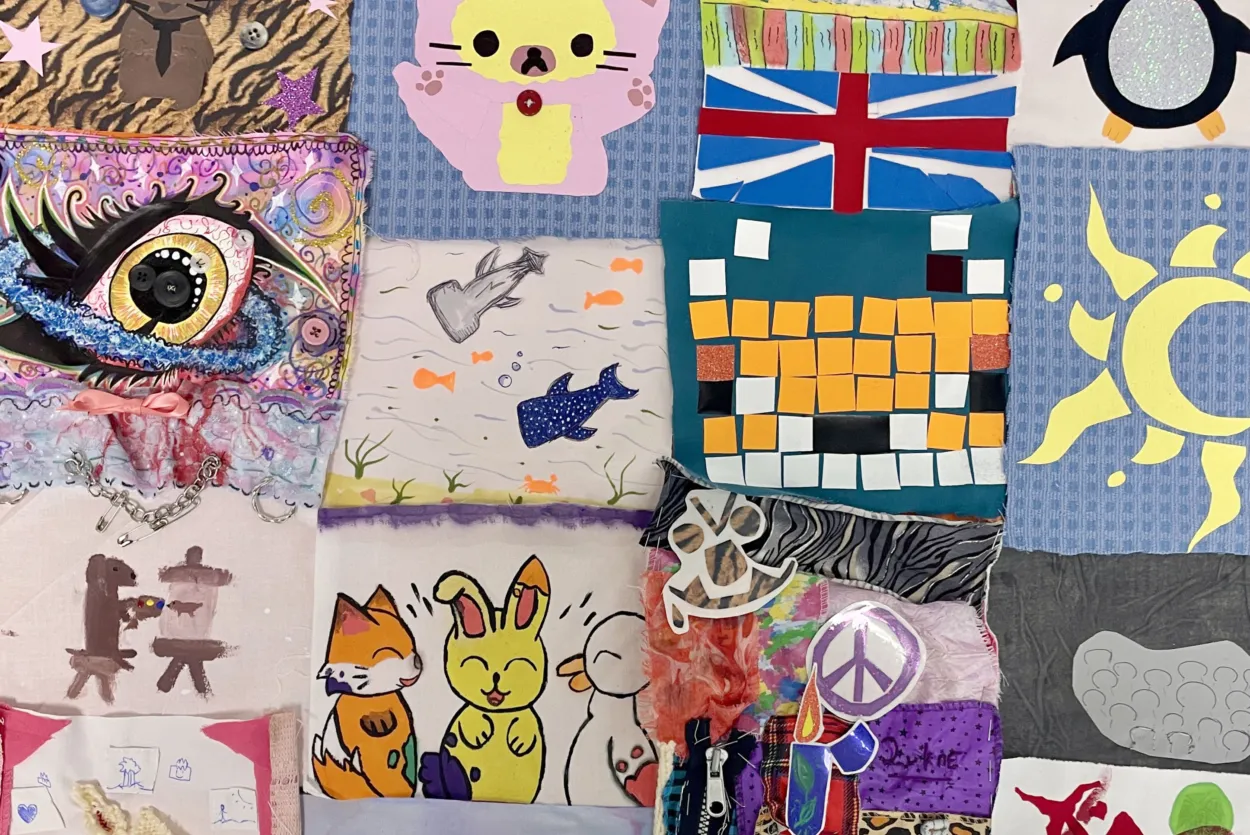 The image shows various colourful quilt squares, some painted, some sewn into, some with heat press vinyl decoration