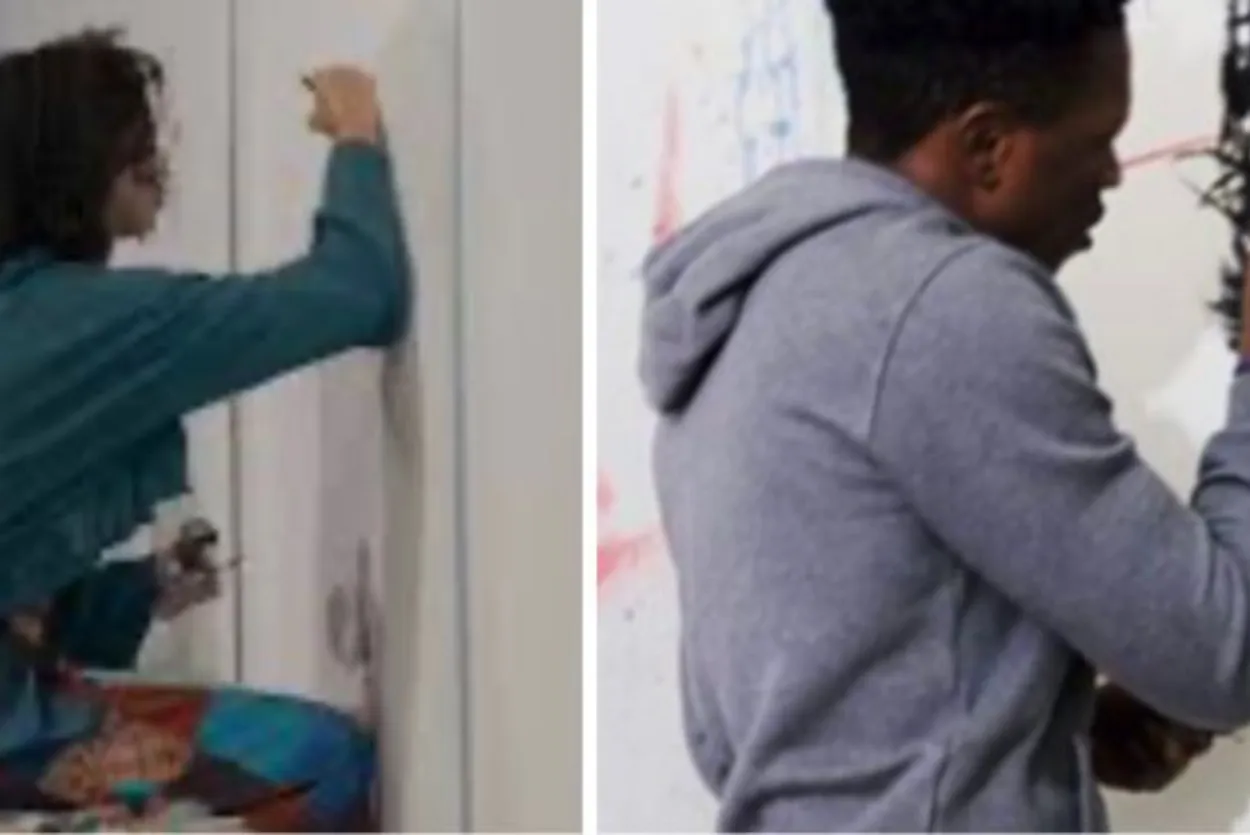 Two images of people drawing on a vertical surface