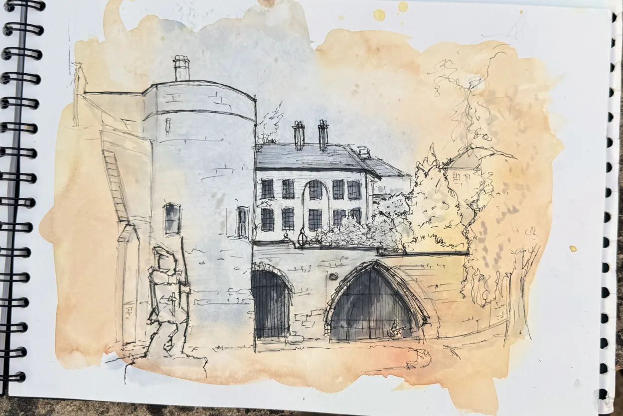 Ink sketch image of Robin Hood State and entrance to Nottingham Castle, with watercolour wash.