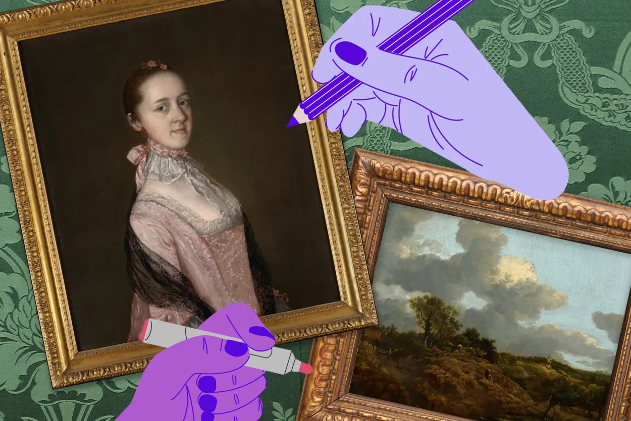 An image of a Gainsborough portrait and landscape are overlayed on a green silk damask background. Overlayed are two purple hand graphics, one is holding a purple pencil and the other is holding a pink marker pen.