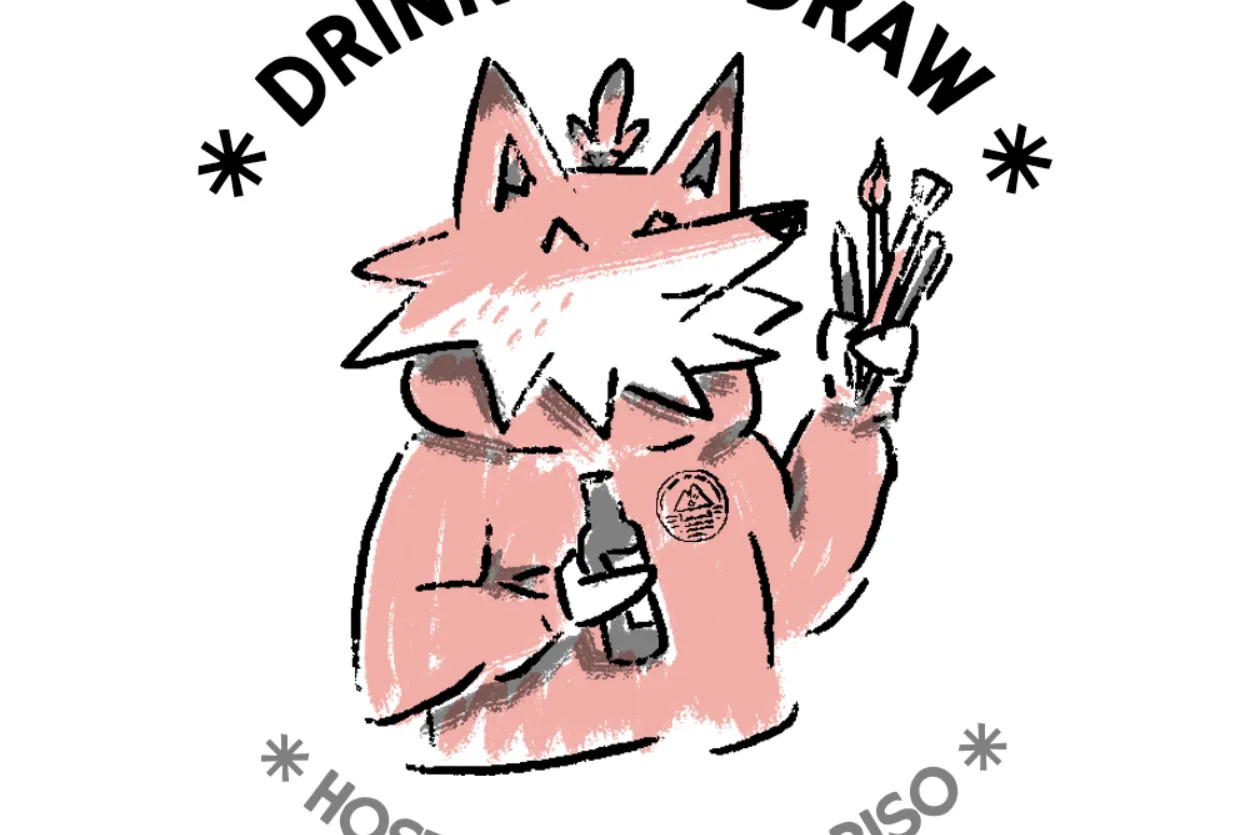 Drink and Draw hosted by Isle of Riso logo - Fox character holding drawing materials and a bottle