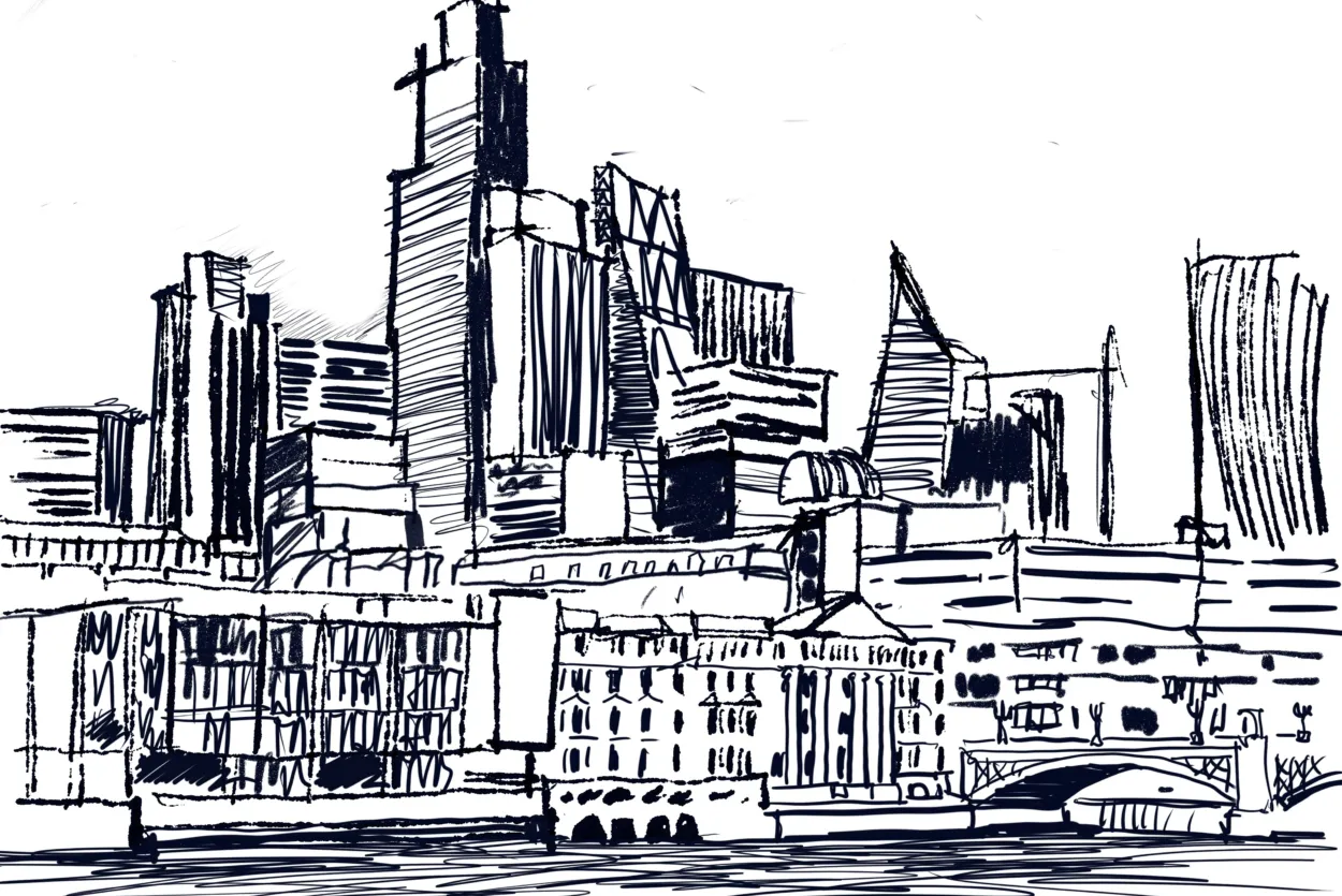 A hand-drawn black-and-white sketch of a modern city skyline featuring a variety of tall buildings with different architectural styles.