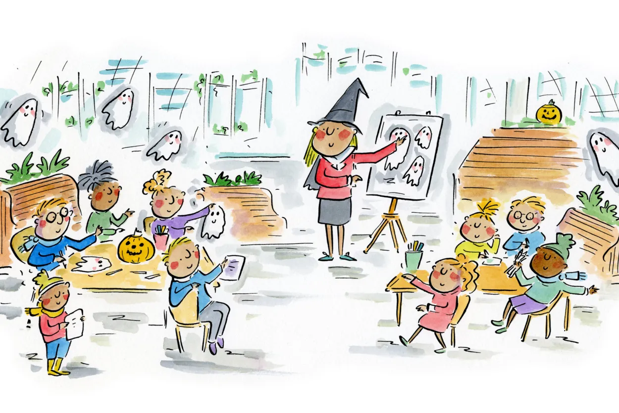 Children in a Halloween art class draw ghosts with a teacher dressed as a witch.