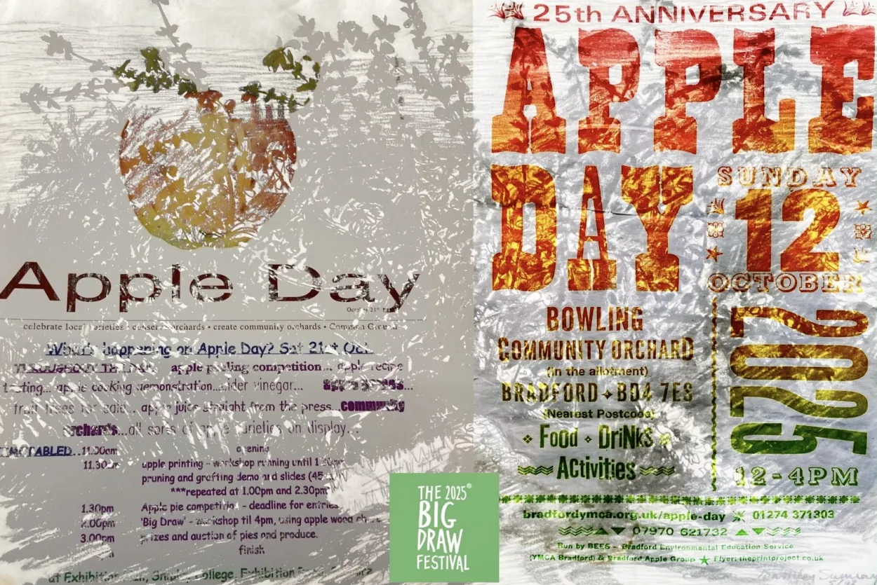 2 posters showing a Big Draw activity on Apple Day the year 2000 and Apple Day 2025