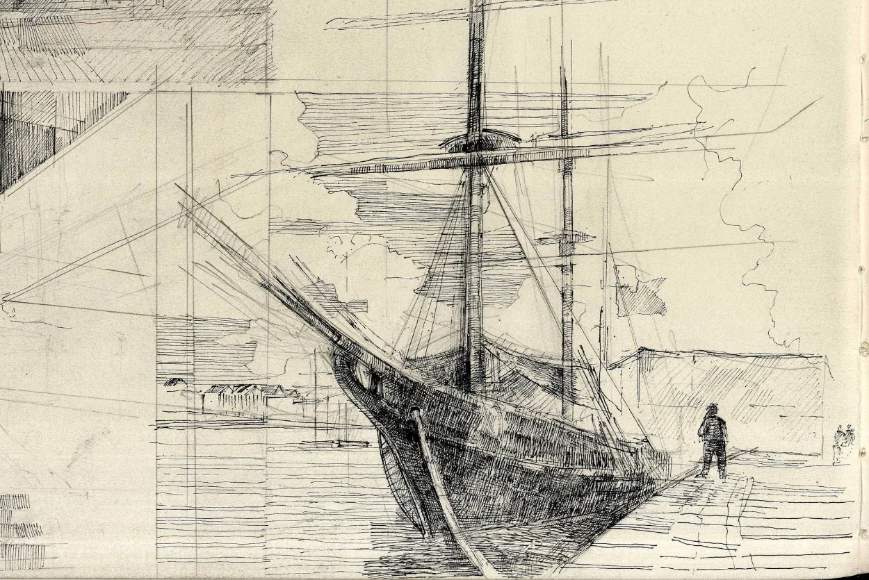 A detailed pencil and ink sketch of a docked sailing ship with tall masts, moored beside a pier. A figure stands on the dock near the ship, with buildings and clouds faintly visible in the background.