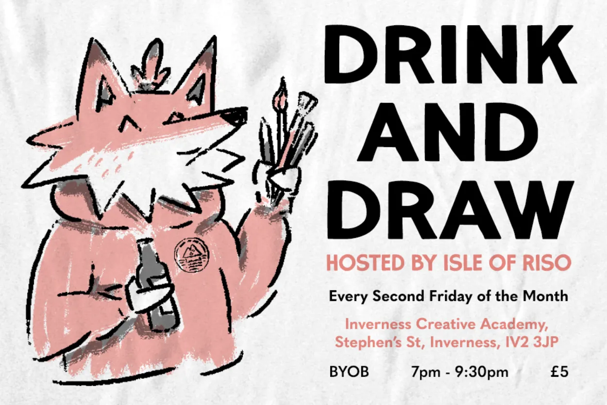 Fox holding art materials and drinks bottle