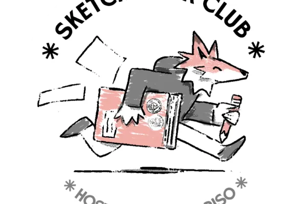 Fox running to Sketchbook Club with sketchbook and art materials in hand