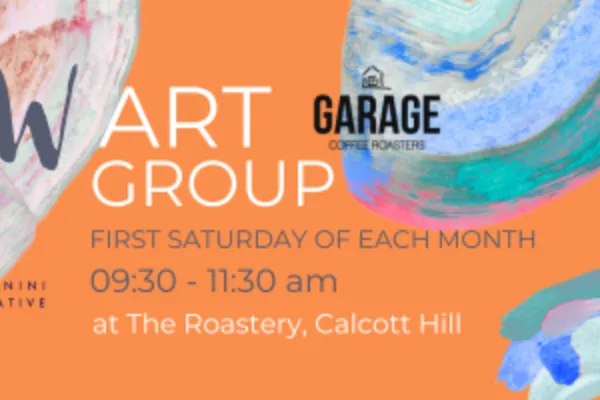 an orange background with paint sweeps across it with the wording "New Art Group, first Saturday of the month 9:30 - 11:30am at The Roastery, Calcott Hill"