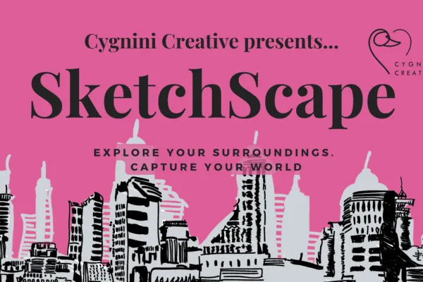 The words SketchScape on a deep pink background with a balack and white line drawing of a city horizon.