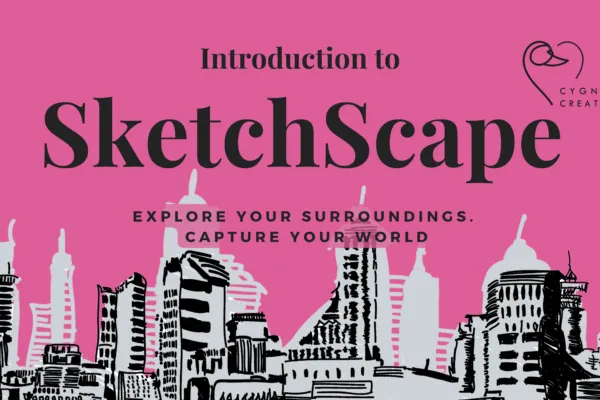 The words Introduction to SketchScape on a deep pink background with a black and white line drawing of a city horizon.