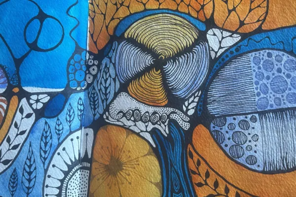 an abstract image drawn with orange and blue ink with swirlling lines of black ink