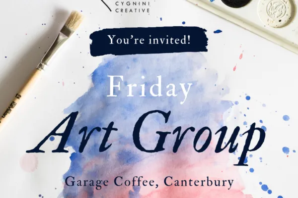 A painted slash of red and blue with paint pot, brush and water pot around it. The words "You're Invited" and "Friday Art Group, Garage Coffee, Canterbury"