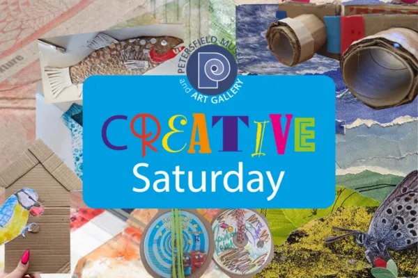 A collage of crafts with the Creative Saturday logo on top in the centre