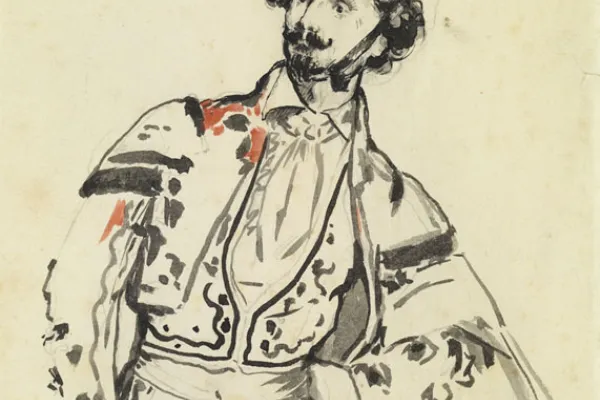Drawing of man in traditional Spanish dance dress, red, white and black ink