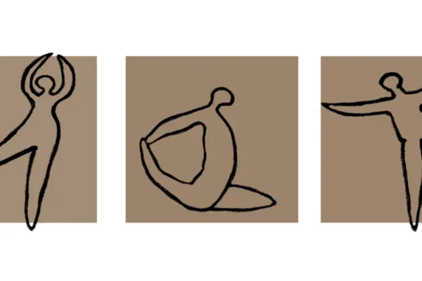Black line drawings of 3 figures stretching against a brown and white background.