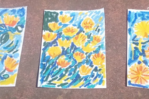 bright orange and blue, vivacious, lively and expressive drawn marks with pastels loosely depicting marigold flowers in bloom