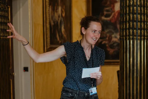 Woman talking on landing