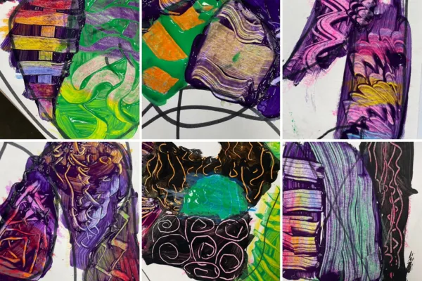 Event image shows Chobham Academy Y3 students' colourful sgraffito mark-making.