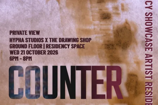 Promotional poster for the “Counter Balance” artist residency showcase, with bold lettering over a textured mauve-and-rust background; announces a private view at The Drawing Shop..