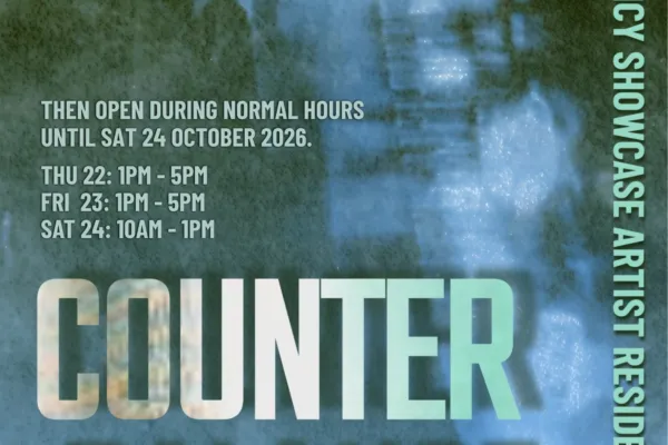 Artist residency showcase poster for the Drawing Shop and Hypha Studios. “Counter Balance” appears in bold lettering over a moody blue-green, watery abstract background, with opening hours and artist names.