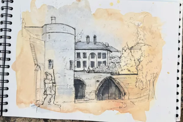 Ink sketch image of Robin Hood State and entrance to Nottingham Castle, with watercolour wash.