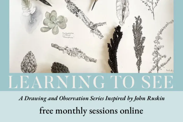 An image of pencil and charcoal drawings of nature fragments by Kateri Ewing, with the event title written below