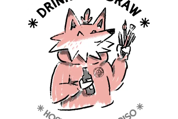 Drink and Draw hosted by Isle of Riso logo - Fox character holding drawing materials and a bottle